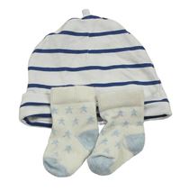 2Set - Bílo/tmavomodrá pruhovaná čepice + bílo/světlemodré ponožky s hvězdičkami 
