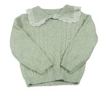 Světleolivový melírovaný žebrovaný vzorovaný svetr s límečkem s madeirou zn. PRIMARK