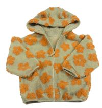 Olivovo-oranžová květovaná huňatá podšitá bunda s kapucí s oušky Next