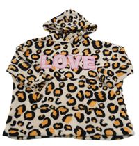 Pudrovo-černo-oranžová vzorovaná plyšová oversize dlouhá mikina s nápisem a kapsou a kapucí MISO