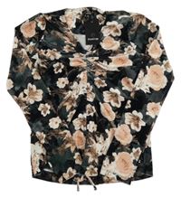 Nové - černo-khaki sametové mikinotriko s růžemi a nařasením Firetrap