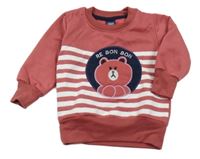 Světlevínová teplá mikina s medvídkem a bílými pruhy 