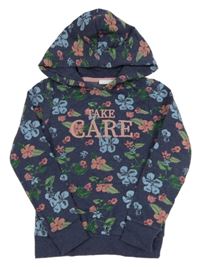 Tmavomodrá melírovaná mikina s květy a nápisy a kapsou a kapucí alive