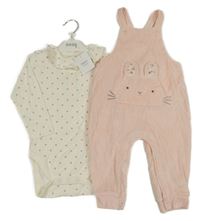 Nové - 2Set - Světlerůžové sametové laclové tepláky se zajíčkem/kapsou + smetanové puntíkaté body s volánkem Next