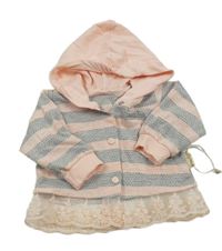 Světlerůžovo-šedá pruhovaná vzorovaná propínací mikina s krajkovým volánkem a kapucí 