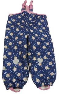 Tmavomodro-růžové šusťákové nepromokavé laclové podšité kalhoty s kočičkami POCOPIANO