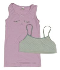 2Set - Lila melírovaná košilka s čumáčkem a mašličkou YIGGA + mentolová melírovaná puntíkatá lambáda HEMA