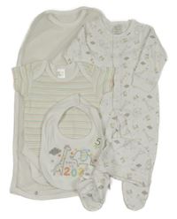 Nové - 5Set - Bílý overal se zvířátky + bryndák a čepice a rukavice + pruhované body 