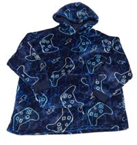 Tmavomodrá chlupatá zateplená oversize mikina s ovladači s kapucí