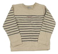 Béžovo-tmavomodrá mikina s pruhy a nápisem