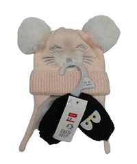 2set - Růžová pletená čepice s čumákem a bambulemi + černé rukavice s tučňákem