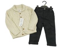 Nové - 2set - Tmavošedo-černé kostkované plátěné chino kalhoty + béžový propínací svetr F&F