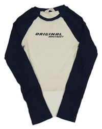 Smetanovo-tmavomodré žebrované crop triko s nápisem H&M