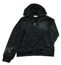 Černá plyšová propínací mikina s motýlem z kamínků a kapucí Primark