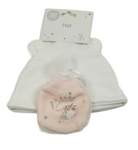 Nové - 2set - Bílá bavlněná čepice s oušky + růžové rukavičky s myškou