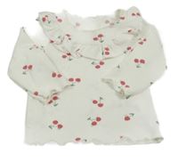 Smetanové žebrované triko s třešněmi a volánkem