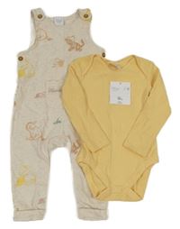 Nové - 2set - Béžové laclové tepláky s Púem a přáteli + žluté žebrované body Disney