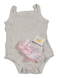 2set - Světlebéžové žebrované body + bílé ponožky s mašlí a krajkou