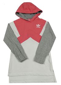 Bílo-růžovo-šedé teplákové šaty s logem a kapucí Adidas