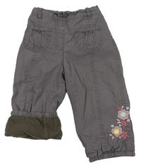Šedé plátěné zateplené kalhoty s výšivkami květů zn. Mothercare