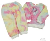 2 set - růžovo-žlutá chlupatá mikina s jednorožcem + tepláky 