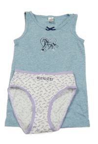 2 set - modrá melírovaná košilka s koněm + bílo-lila vzorované kalhotky s nápisem 