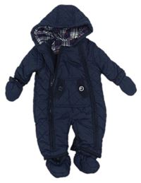 Tmavomodrá šusťáková zimní kombinéza s kapucí + rukavice + capáčky Mothercare