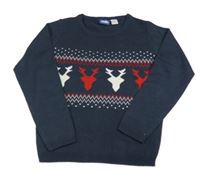 Tmavomodro-bílo-červený vzorovaný svetr se soby Lupilu