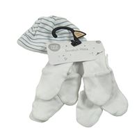 Nové - 5set - 4x bílé rukavice + 1x bílo-modrá pruhovaná čepice F&F