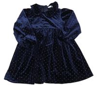 Tmavomodré puntíkaté sametové třpytivé šaty s límečkem M&S