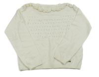 Smetanový úpletový svetr s kamínky a volánky 