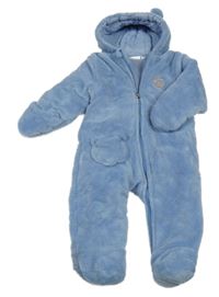 Modrá plyšová zateplená kombinéza s výšivkou a kapucí 