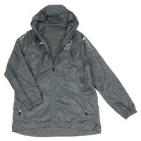 Šedá šusťáková sportovní bunda s potiskem a kapucí Jako