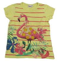 Žluto-růžové pruhované tričko s plameňákem 