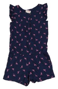 Tmavomodrý kraťasový overal s plameňáky Pocopiano