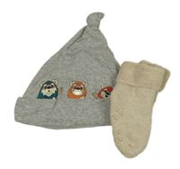 2set - šedá čepice s medvídky + béžové zateplené ponožky s protiskluzem 