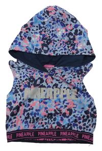 Fialovo-tmavomodro-růžový sportovní crop top s leopardím vzorem a nápisem a kapucí Pineapple