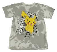 Bílo-šedé batikované tričko s Pikachu 