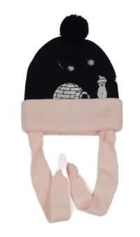Černo-růžová čepice s tučňákem a bambulemi 