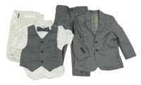 Nové - 5set - Bílá košile + šedá slavnostní vesta + motýlek + sako + kalhoty 