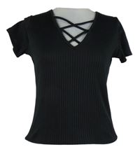 Dámskéčerné žebrované tričko se šněrováním Lipsy