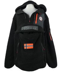 Pánská černá huňatá funkční bunda s logy a kapucí Geographical Norway 