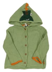 Zeleno-oranžový propínací svetr s dinosaurem a kapucí 
