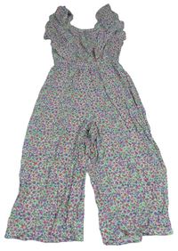 Bílo-lila-zelený květovaný culottes overal Primark
