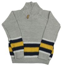 Šedý svetr se žlutým a tmavomodrým pruhem Lupilu