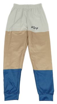 Bílo-béžovo-modré sportovní tepláky s nápisem 