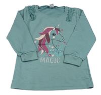 Zelenošedá dlouhá mikina s jednorožcem a volánky Kiki&Koko