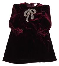 Vínové sametové šaty s mašlí z kamínků