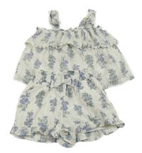 2 set - bílo-světlemodrý květovaný top + kraťasy 