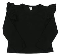 Černé žebrované triko s volánky Shein